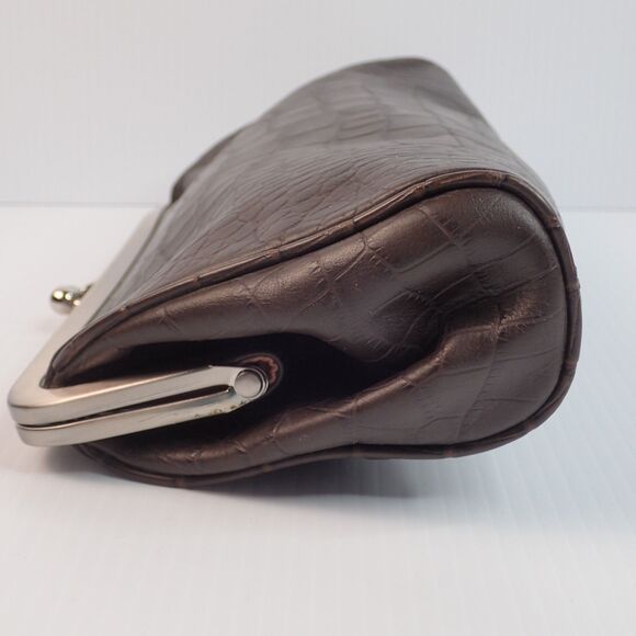 ANN TAYLOR LOFT Croc Embossed Dark Brown Leather Kiss-Lock Purse Bag Clutch - Picture 4 of 15